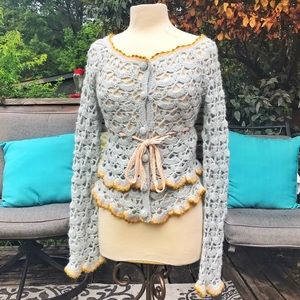 Anthro Sleeping on Snow Ruffle Crochet Cardigan